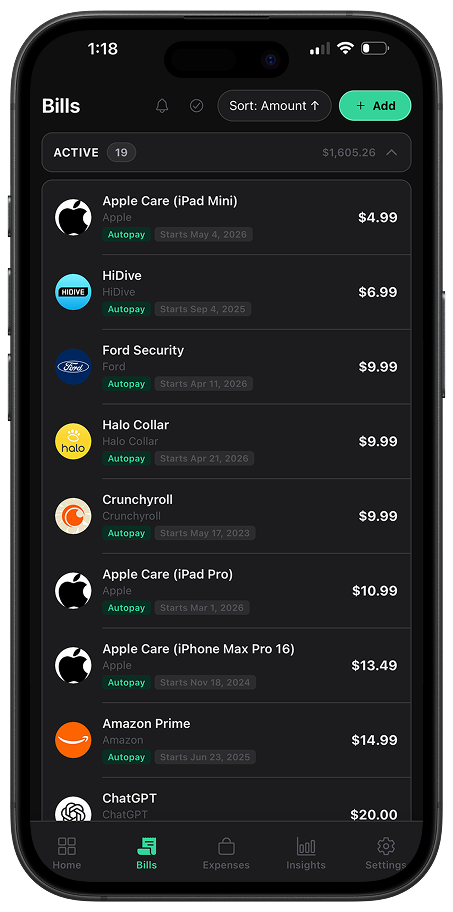 Monthly Clarity Bills screen showing upcoming due dates
