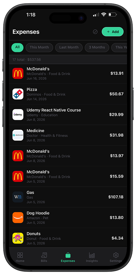 Monthly Clarity Expenses screen showing logged one-time purchases