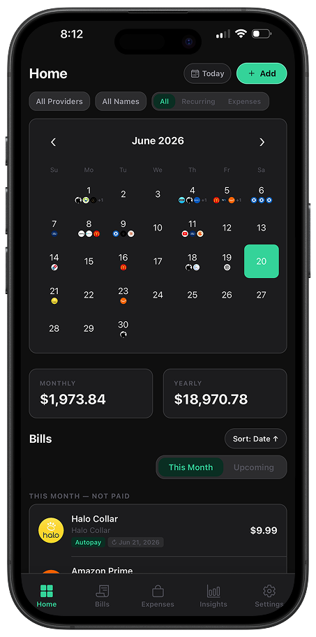 Monthly Clarity bill tracker app on iPhone